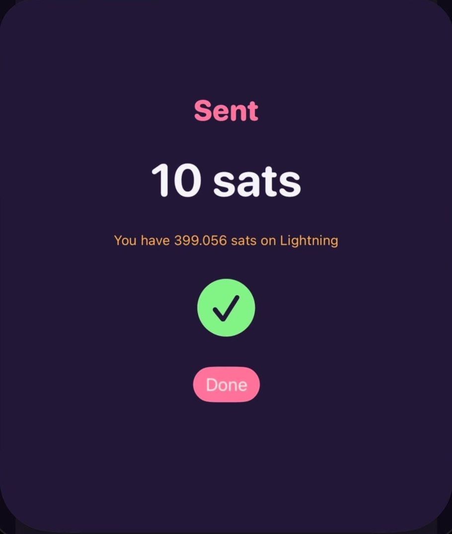 Sent: 10 sats, with a green check mark